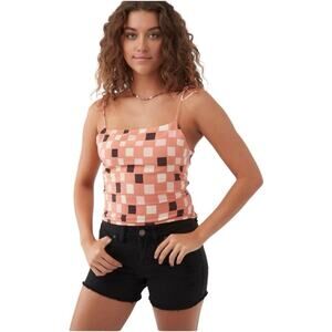 O’Neill Pink Geometric Smocked Crop Top XS Tie Strap Tank NWT